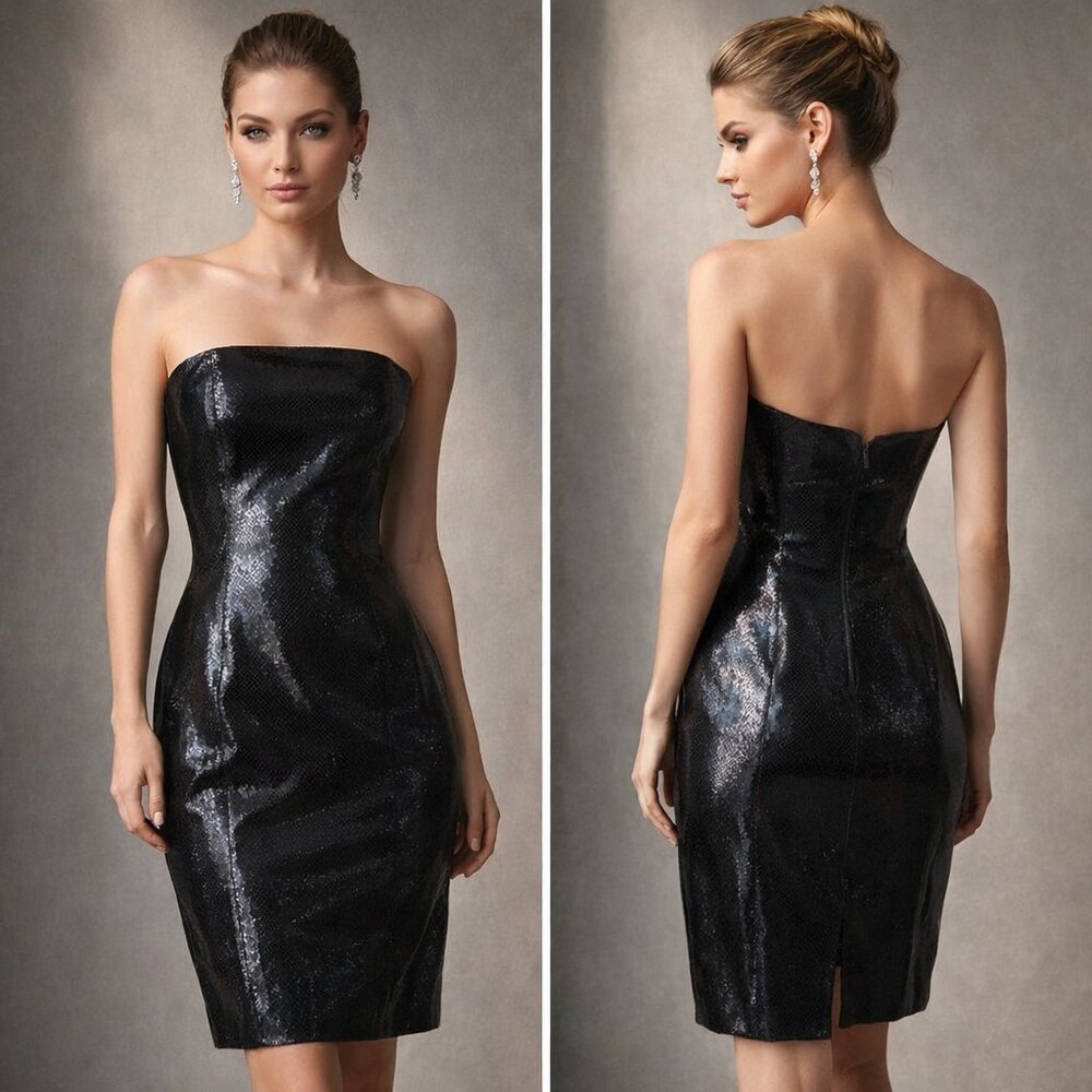 Vintage Pia Rucci 100% Leather Dress Black Strapless Corset Snake Pattern sz 10